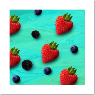 Strawberry, raspberry, blueberry background pattern digital oil painting Posters and Art